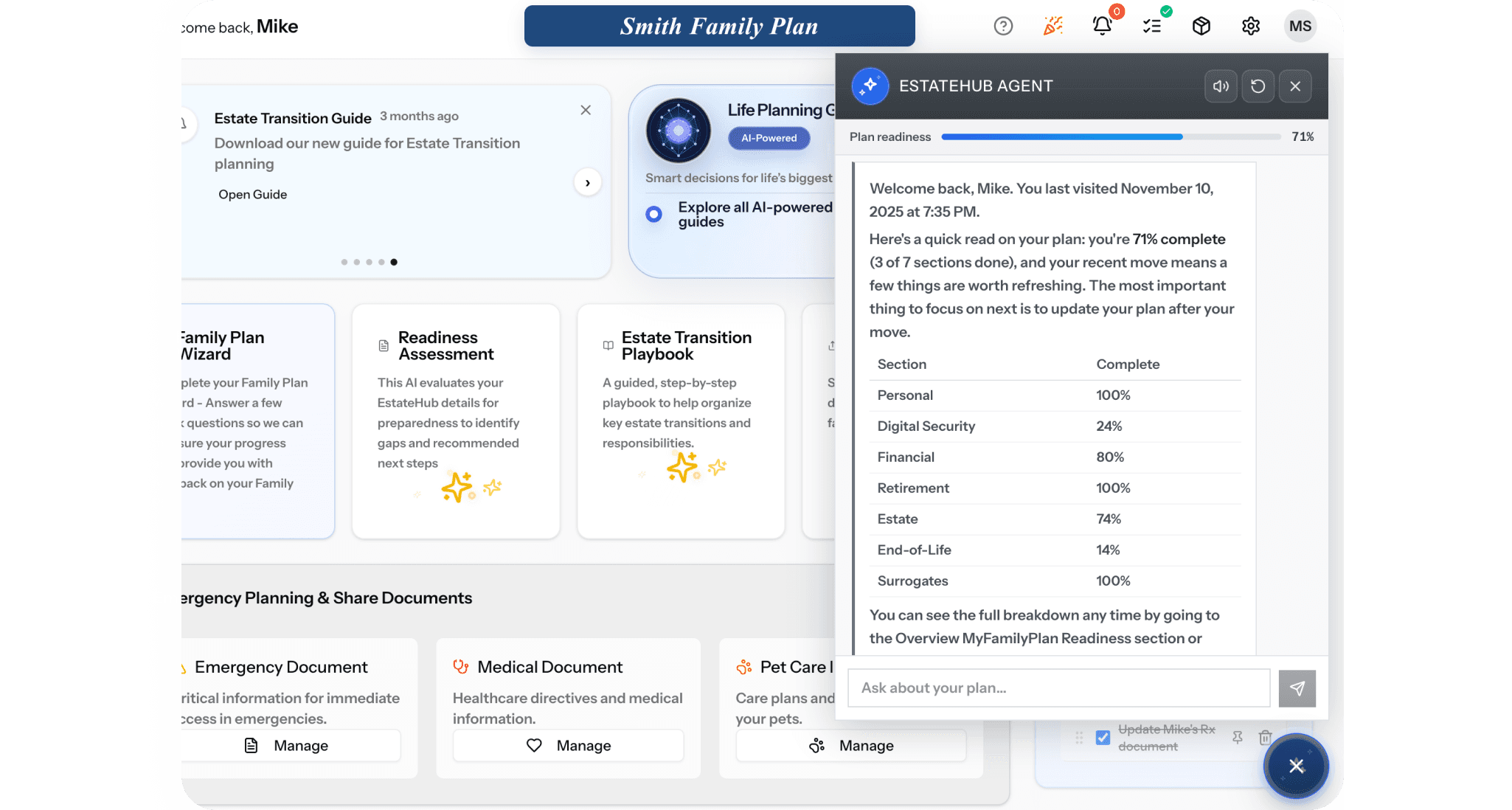 EstateHub dashboard with built-in AI guidance